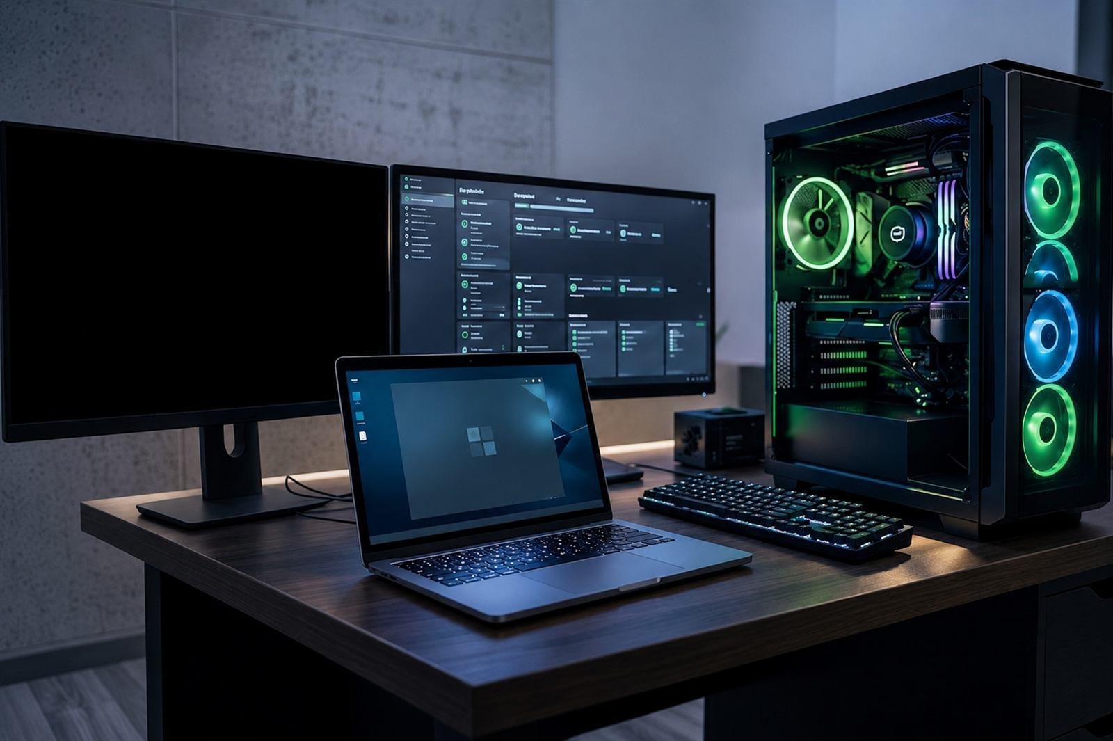 Setup com PC gamer montado, monitores e notebook